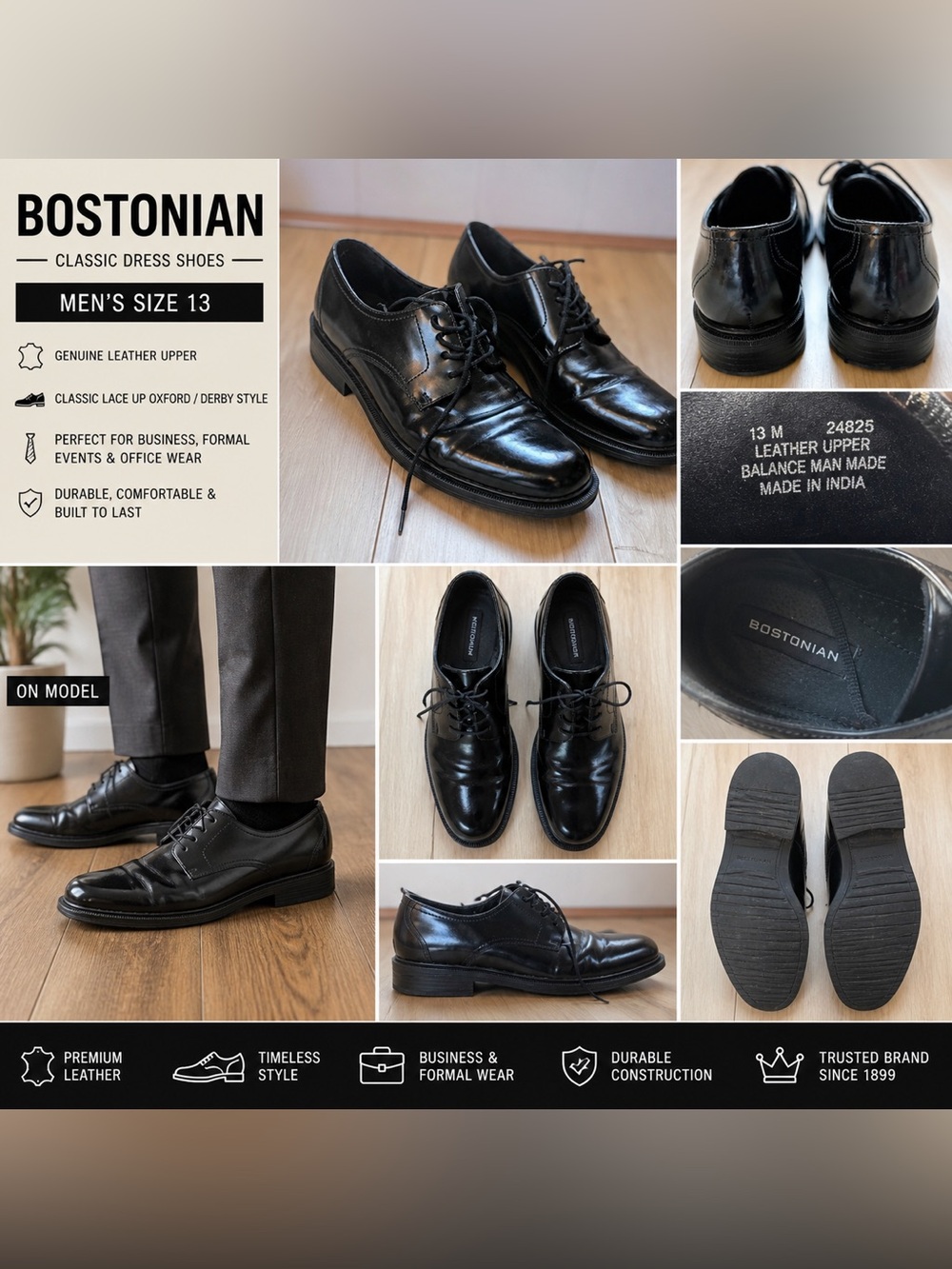Black Leather Dress Shoes Mens Size 13 Classic Lace Up Oxford Formal Shoes